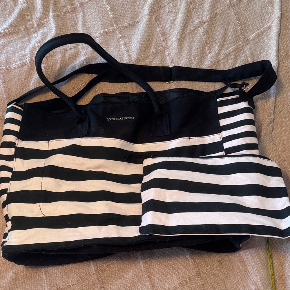 Victoria's Secret Pink and Black Striped Tote with Pouch